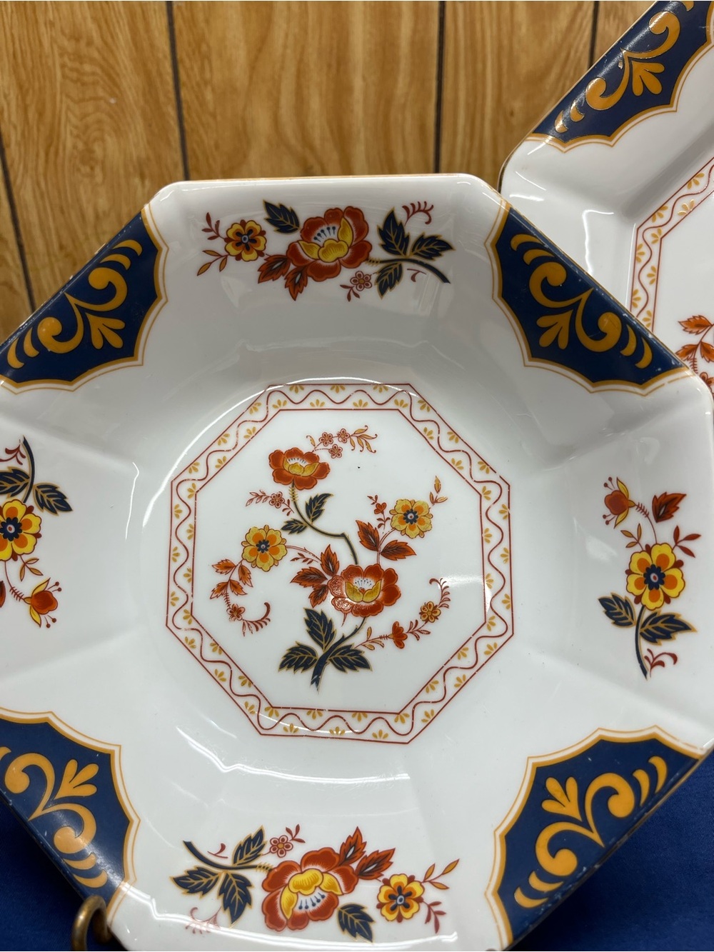 Floral Octagonal Serving Bowl - White with Navy & Gold Accents 4 bowls